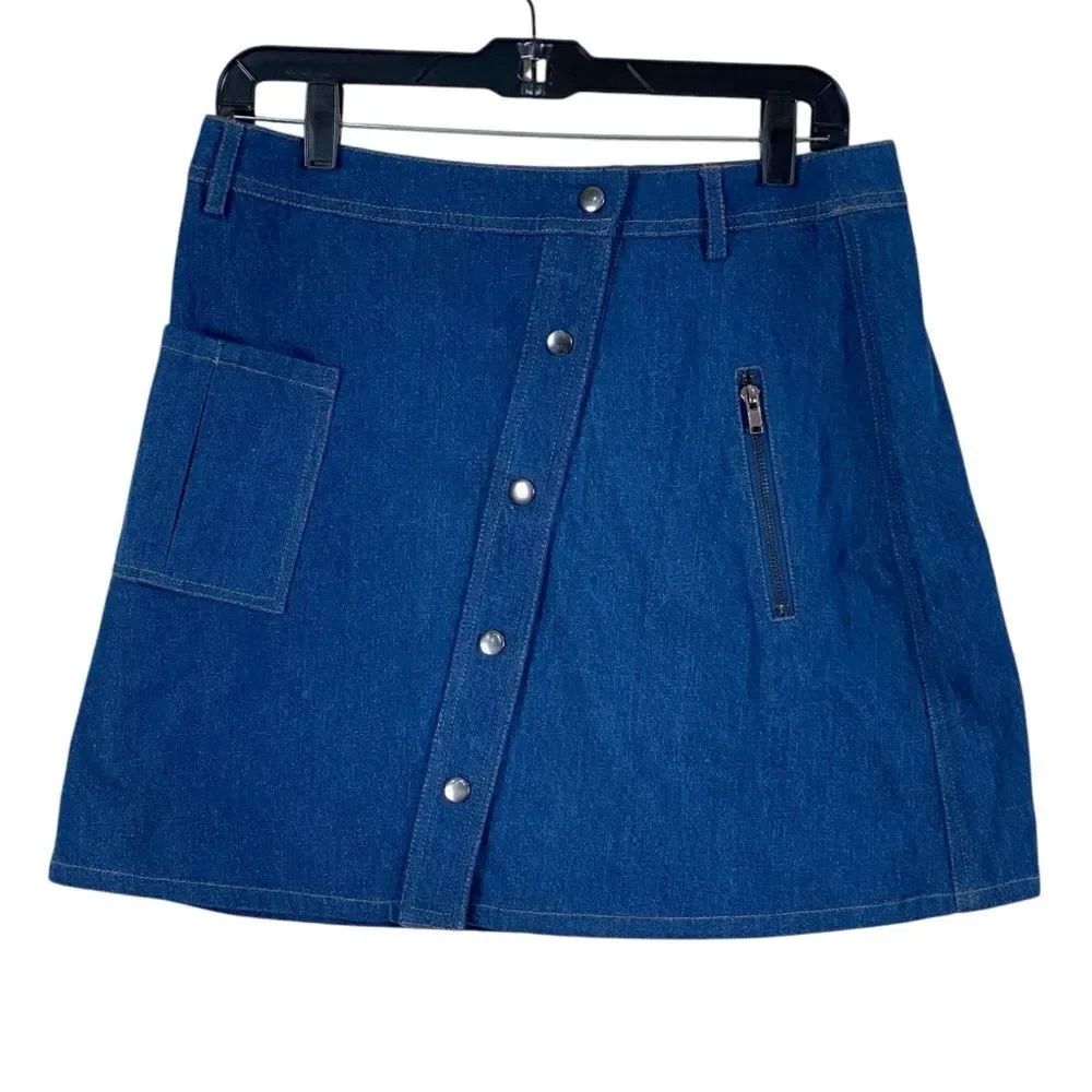 JOA Los Angeles Blue Denim Snap Front A-Line Mini Skirt Sz L NWT